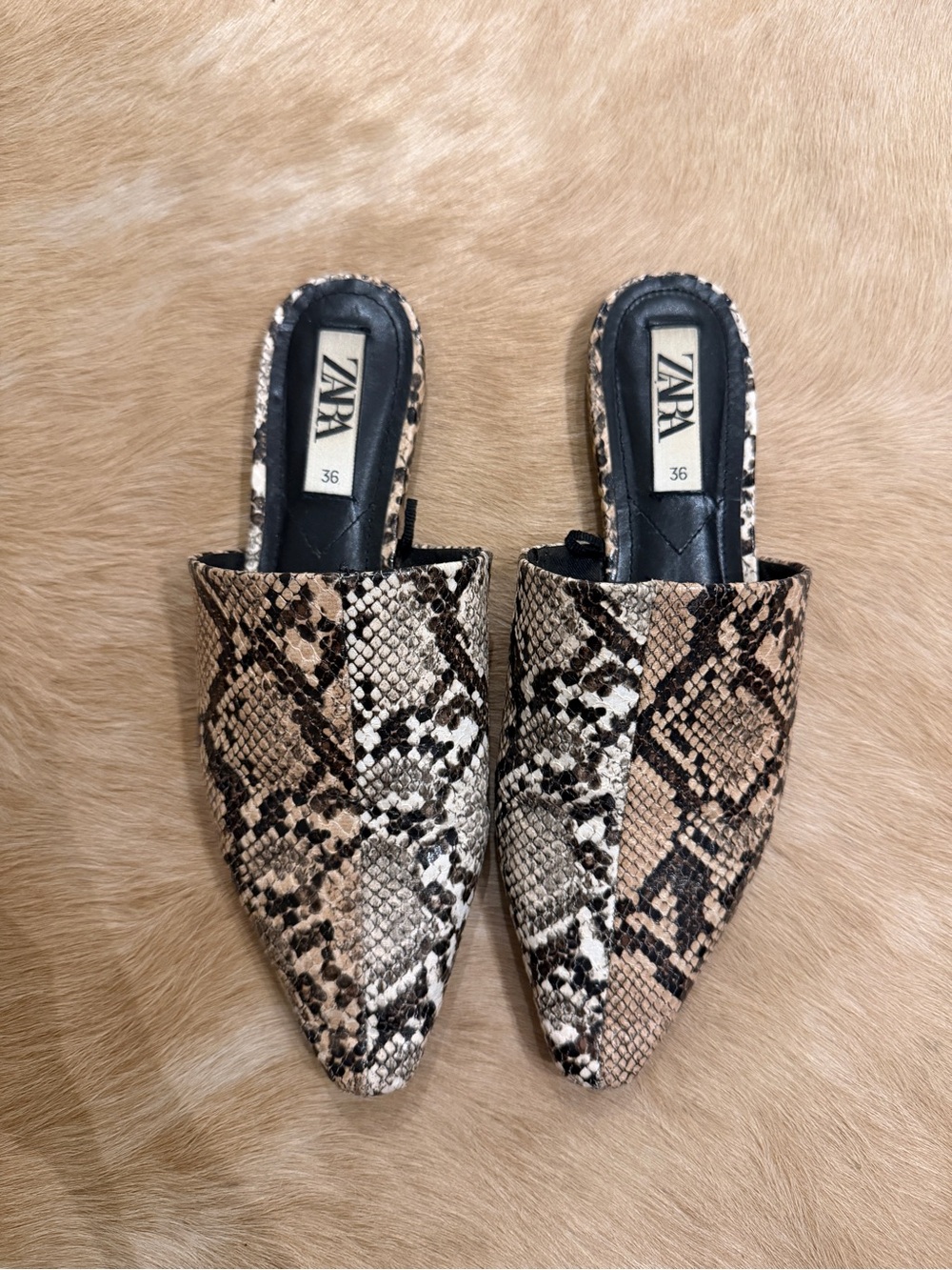 ZARA Snake-Print Pointed Mules in Beige and Brown